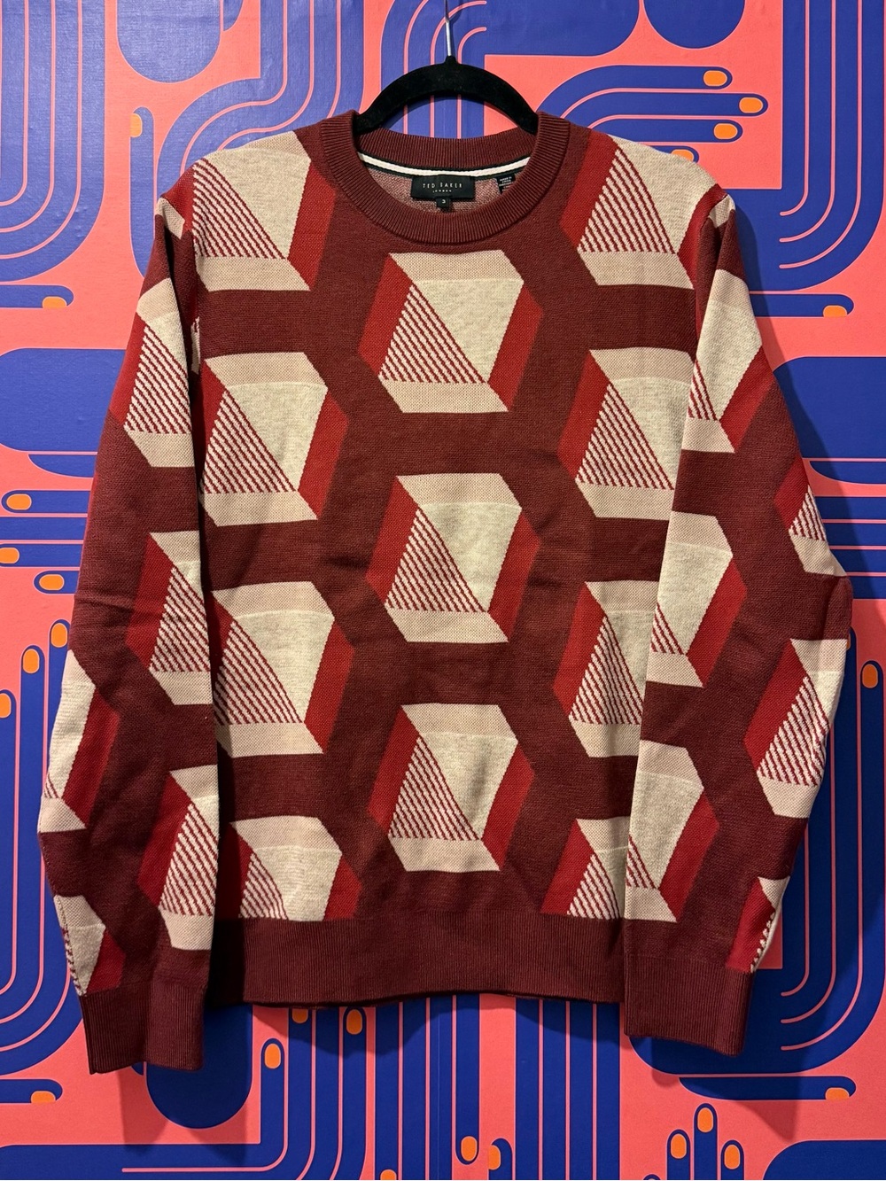 Ted Baker Men’s Maroon and Cream Geometric Crewneck Sweater